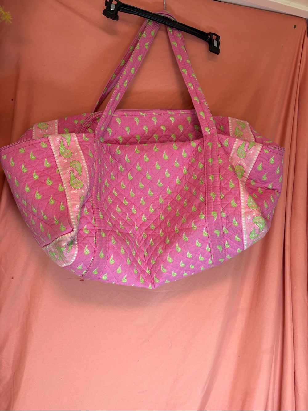 Large Pink Quilted Duffel Bag Paisley Teardrop Pattern